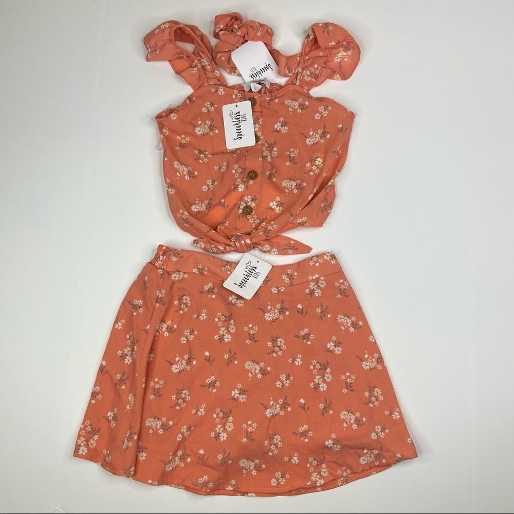 Speechless Kids 3-Piece Coral Floral Tank Skirt Scrunchie Set Size 10